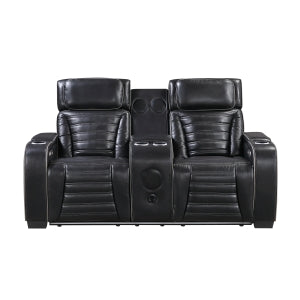 Power Double Reclining Love Seat with Center Console, Power Headrests, Storage Arms(Top and Side) ,Cup Holders, Wireless speakers with Sub-Woofer, Air Massage, Heat, LED Lighting and Charging Ports 8344BLK-2PWHM