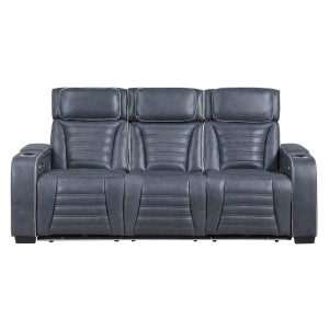 Power Double Reclining Sofa with Center Drop-Down Cup Holders, Power Headrests, Storage Arms(Top and Side) ,Cup holders, Reading Lights, Wireless Charger, Air Massage, Heat, LED Lighting and Charging Ports 8344BUE-3PWHM