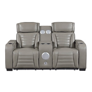 Power Double Reclining Love Seat with Center Console, Power Headrests, Storage Arms(Top and Side) ,Cup Holders, Wireless speakers with Sub-Woofer, Air Massage, Heat, LED Lighting and Charging Ports 8344GRY-2PWHM