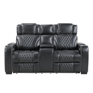 Power Double Reclining Love Seat with Center Console, Power Headrests, Storage Arms with Cup Holders, Wireless charger, Air Massage and Heat, LED Lighting and Charging Ports 8449BK-2PWHM