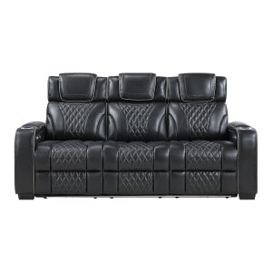 Power Double Reclining Sofa with Center Drop-Down Cup Holders, Power Headrests, Storage Arms with Cup holders, Reading Lights, Wireless Charger, Air Massage and Heat, LED Lighting and Charging Ports 8449BK-3PWHM
