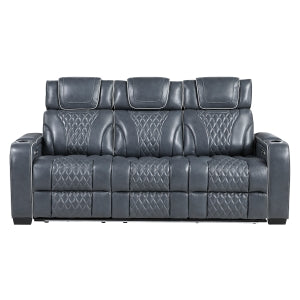 Power Double Reclining Sofa with Center Drop-Down Cup Holders, Power Headrests, Storage Arms with Cup holders, Reading Lights, Wireless Charger, Air Massage and Heat, LED Lighting and Charging Ports 8449BU-3PWHM