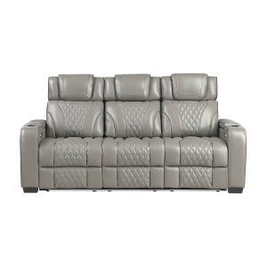 Power Double Reclining Sofa with Center Drop-Down Cup Holders, Power Headrests, Storage Arms with Cup holders, Reading Lights, Wireless Charger, Air Massage and Heat, LED Lighting and Charging Ports 8449GY-3PWHM