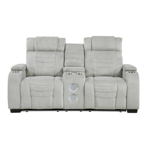 Double Reclining Love Seat with Center Console, Wireless Speakers, Storage Arms, Cup holders and LED 8455GRY-2