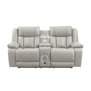 Power Double Reclining Love Seat with Center Console, Wireless Speakers, LED and Charging Ports 8457GRY-2PW