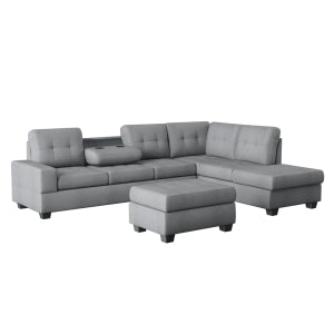 3-Piece Reversible Sectional with Drop-Down Cup Holders and Storage Ottoman 9507DGY*3OT