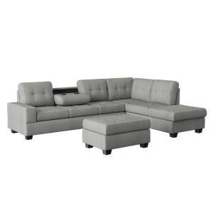 3-Piece Reversible Sectional with Drop-Down Cup Holders and Storage Ottoman 9507GRY*3OT