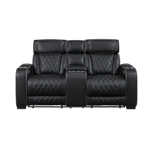 Power Double Reclining Love Seat with Center Console, Power Headrests, Storage Arms(Top and Side), Cup holders, Charging Ports and LED lighting 9516BLK-2PWH