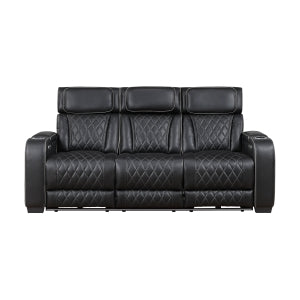 Power Double Reclining Sofa with Center Drop-Down Cup Holders, Power Headrests, Storage Arms(Top and Side), Cup holders and Reading Lights, Two Wireless Chargers, Charging Ports and LED Lighting 9516BLK-3PWH