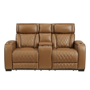 Power Double Reclining Love Seat with Center Console, Power Headrests, Storage Arms(Top and Side), Cup holders, Charging Ports and LED lighting 9516BRW-2PWH