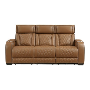 Power Double Reclining Sofa with Center Drop-Down Cup Holders, Power Headrests, Storage Arms(Top and Side), Cup holders and Reading Lights, Two Wireless Chargers, Charging Ports and LED Lighting 9516BRW-3PWH