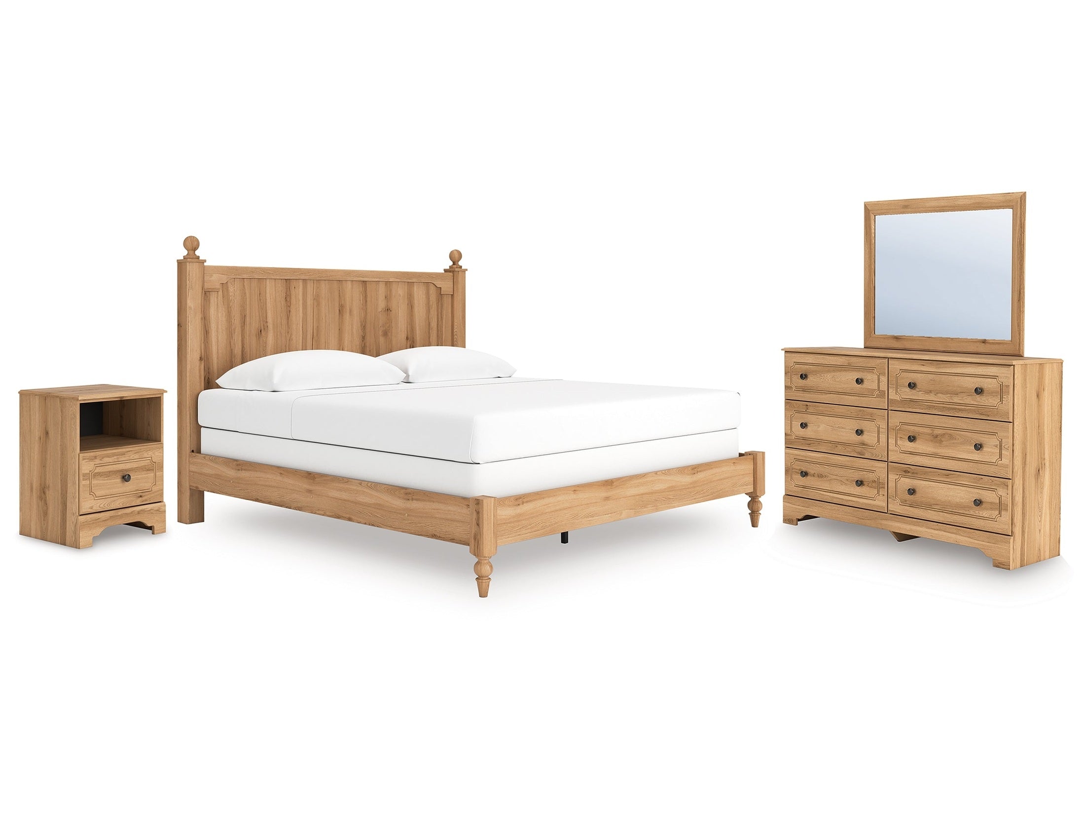 Aleaport Warm King Panel Bed, Dresser, Mirror and Nightstand, Brown