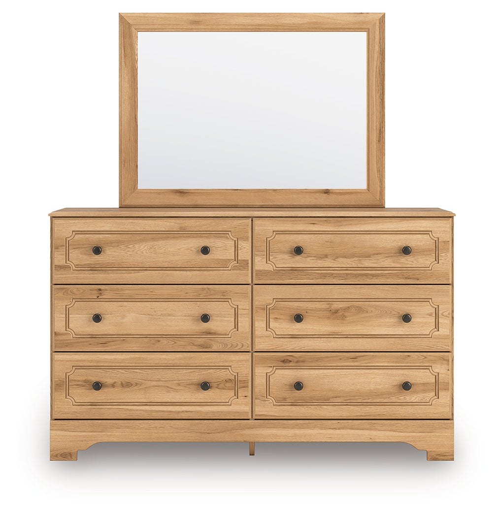 Aleaport Warm King Panel Bed, Dresser, Mirror and Nightstand, Brown