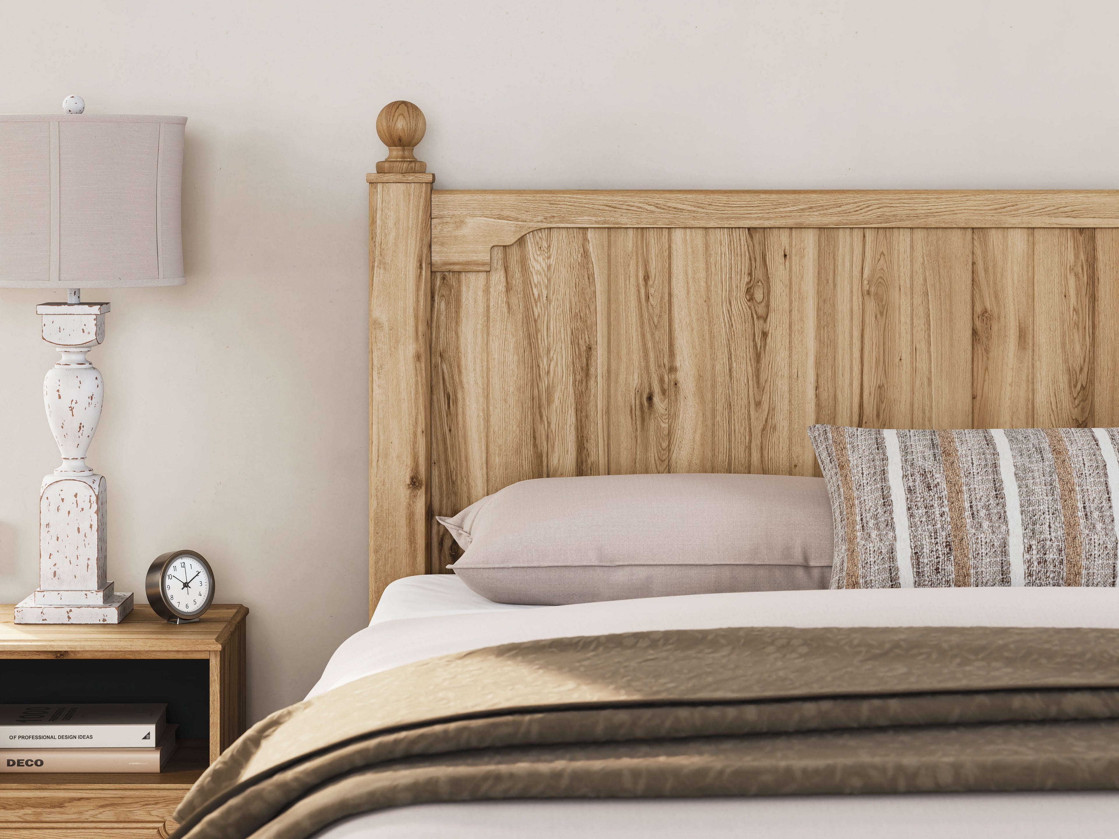 Aleaport Warm King Panel Bed, Dresser, Mirror and Nightstand, Brown