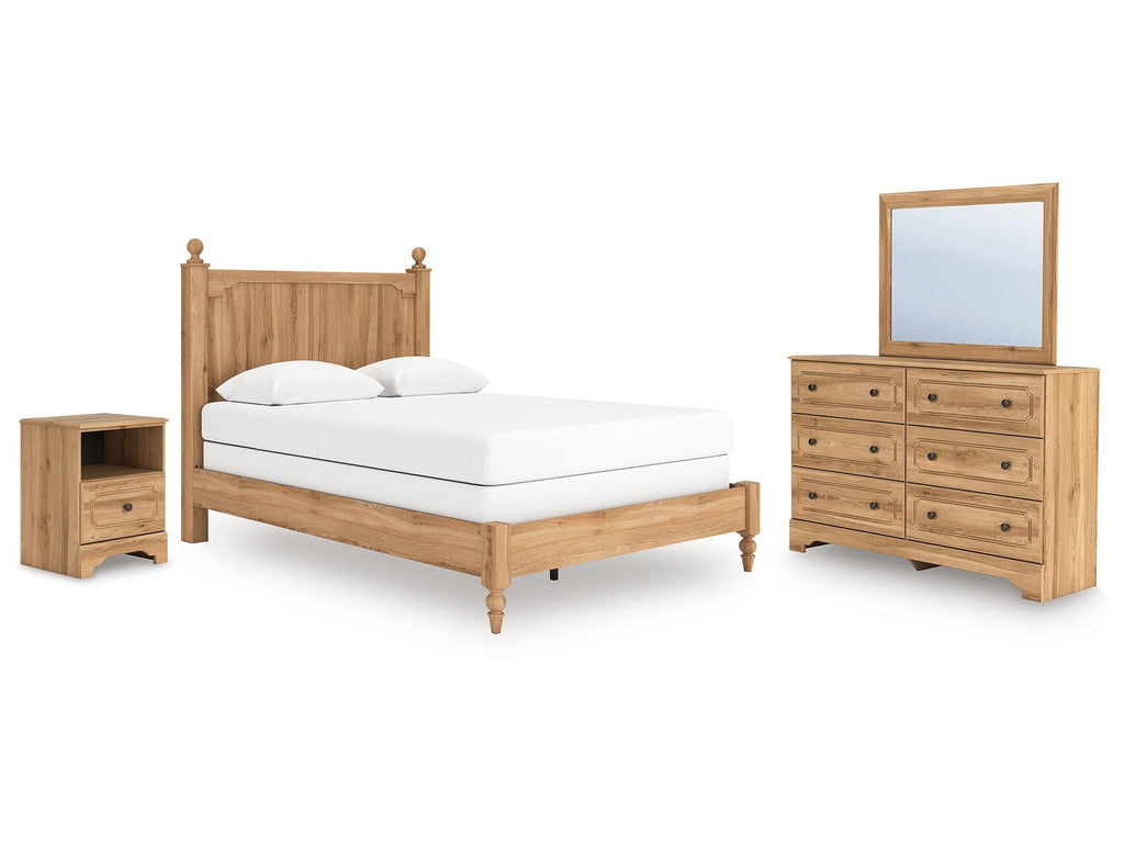 Aleaport Warm Queen Panel Bed, Dresser, Mirror and Nightstand, Brown