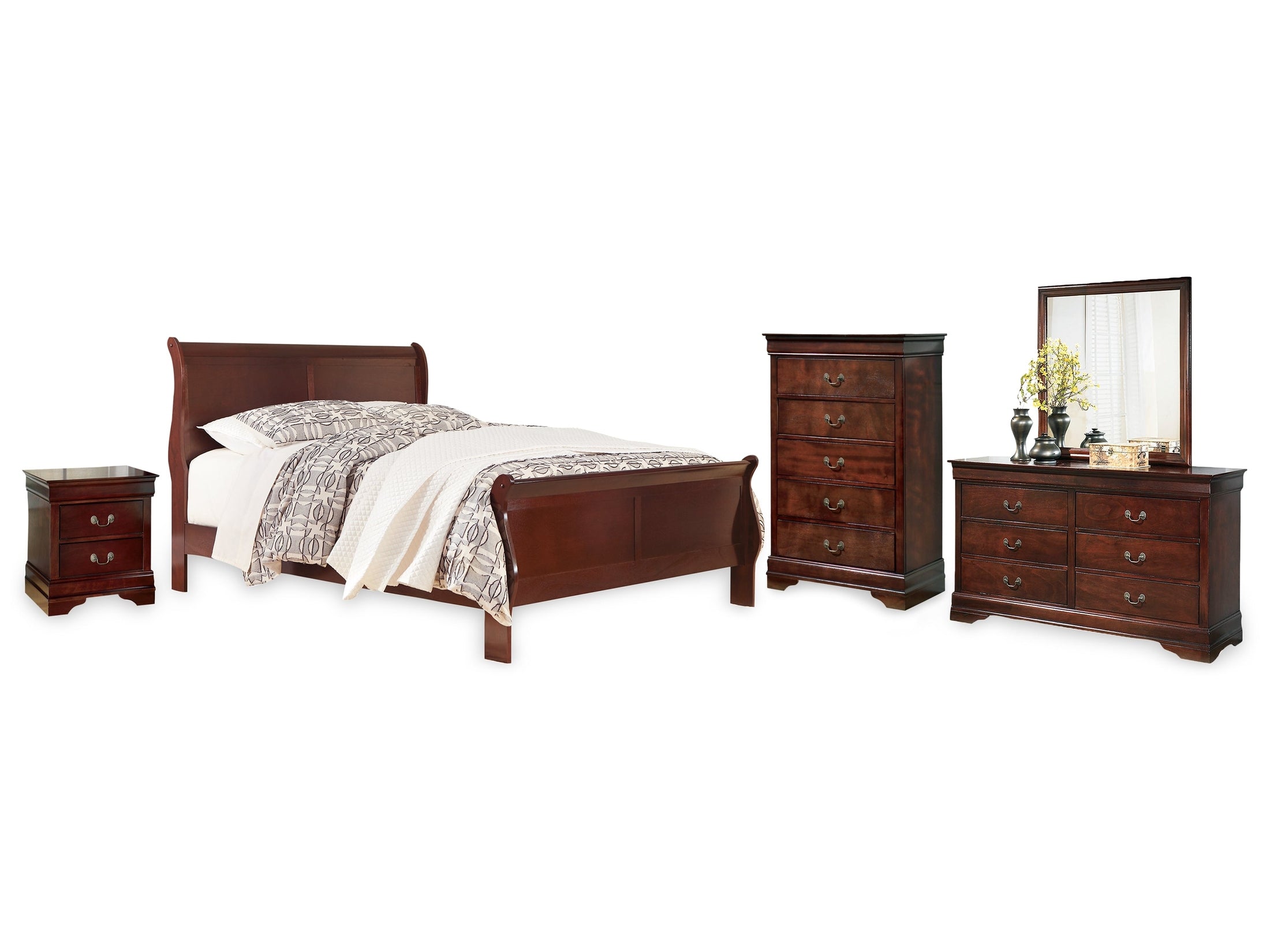Alisdair Reddish California King Sleigh Bed, Dresser, Mirror, Chest and Nightstand, Brown