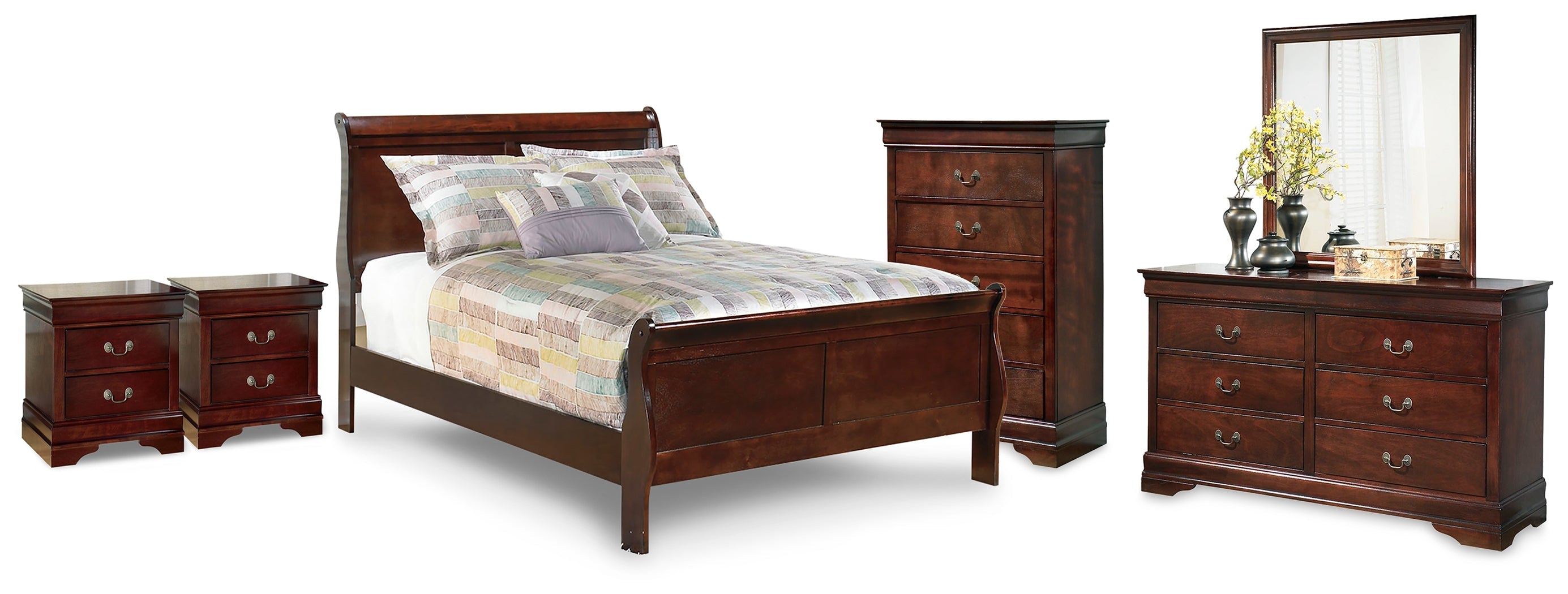 Alisdair Reddish Full Sleigh Bed, Dresser, Mirror, Chest and 2 Nightstands, Brown