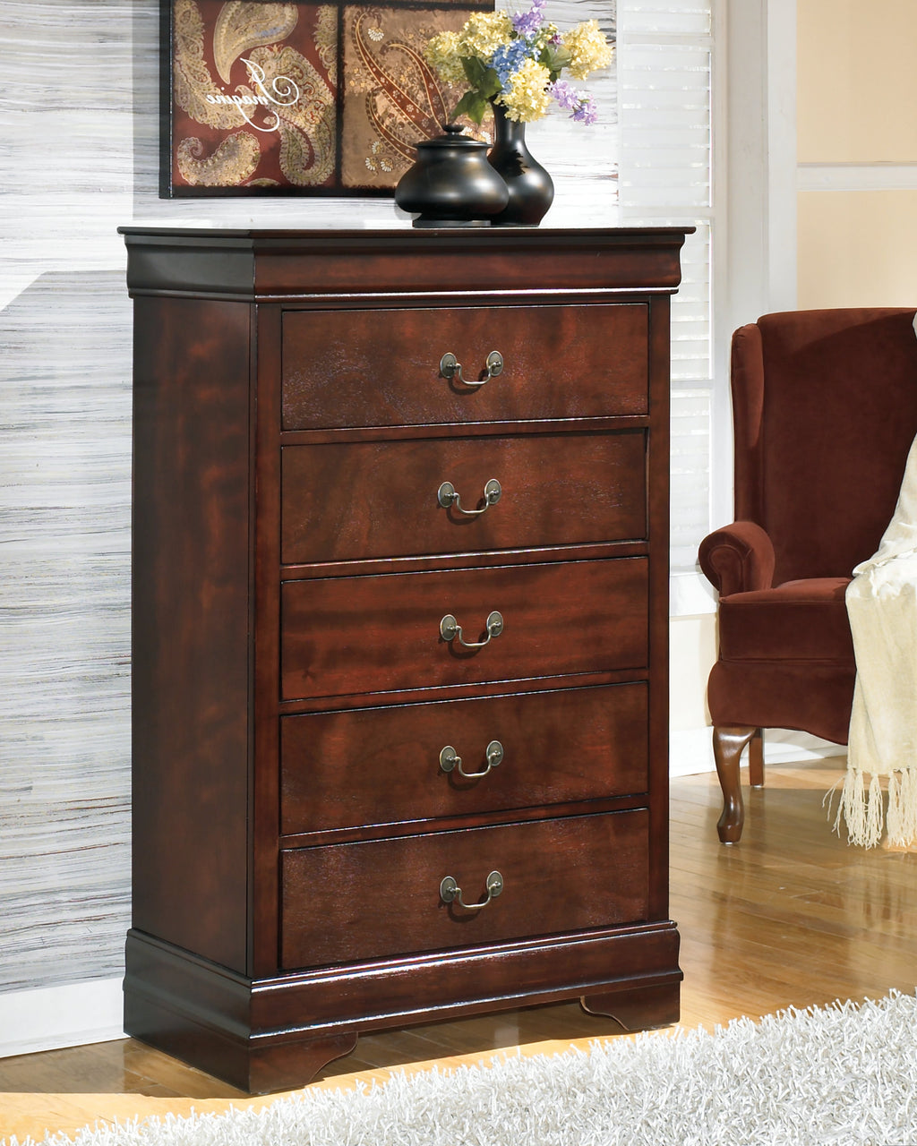 Alisdair Reddish Full Sleigh Bed, Dresser, Mirror, Chest and 2 Nightstands, Brown