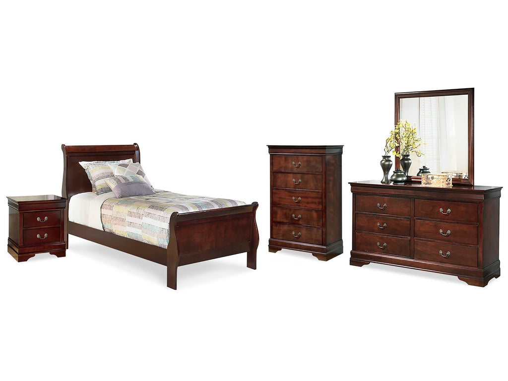 Alisdair Reddish Twin Sleigh Bed & Dresser & Mirror & Chest & Nightstand, Brown