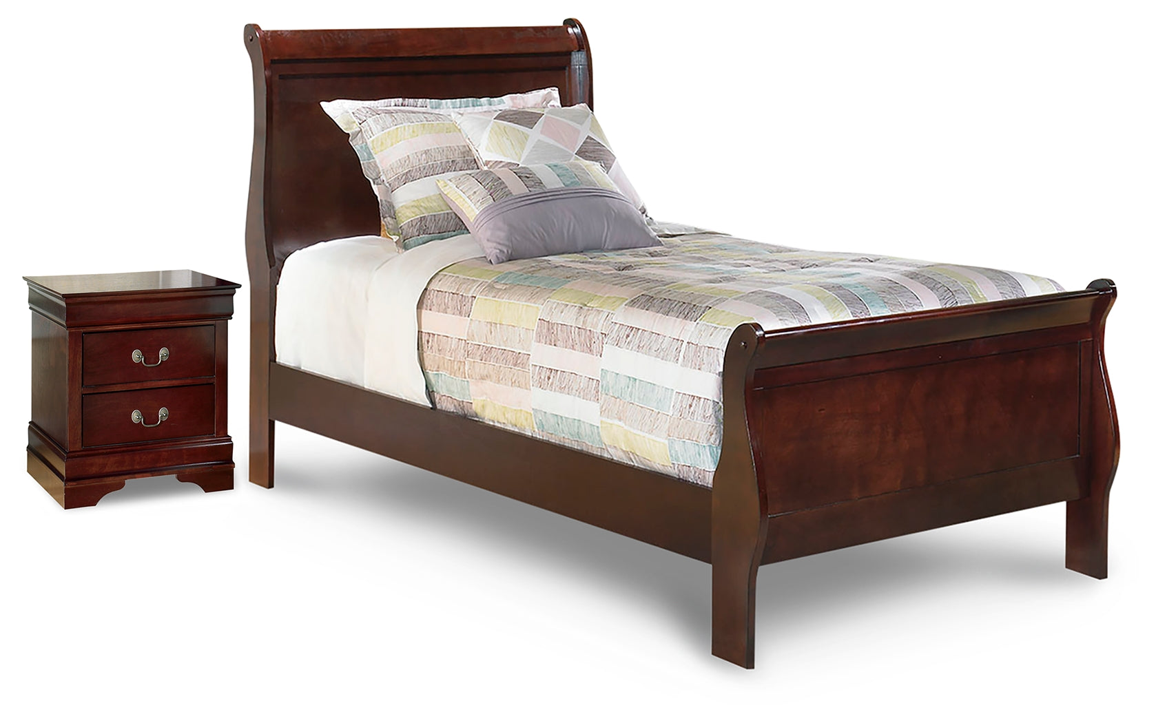Alisdair Reddish Brown Twin Sleigh Bed and Nightstand