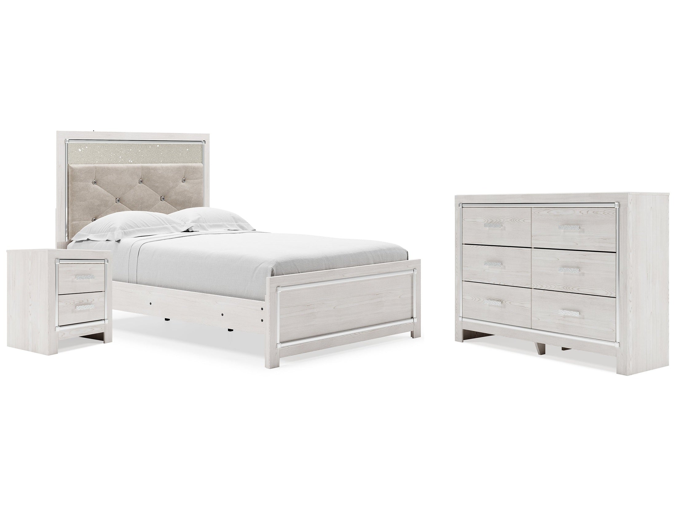 Altyra Full Upholstered Panel Bed, Dresser and Nightstand