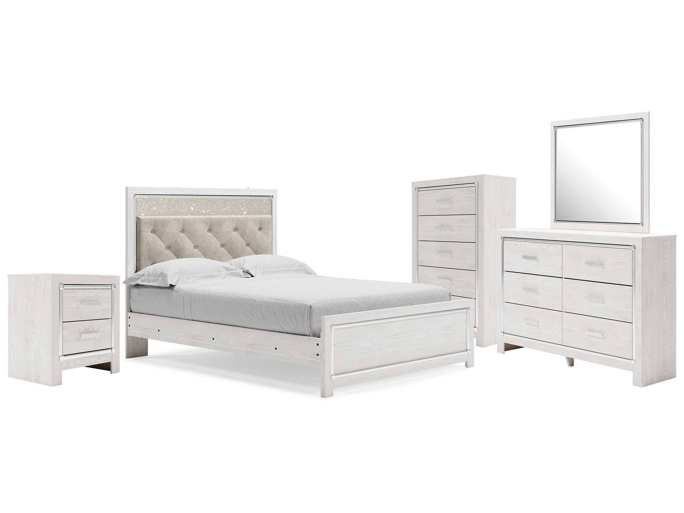 Altyra Queen Upholstered Panel Bed, Dresser, Mirror, Chest and Nightstand