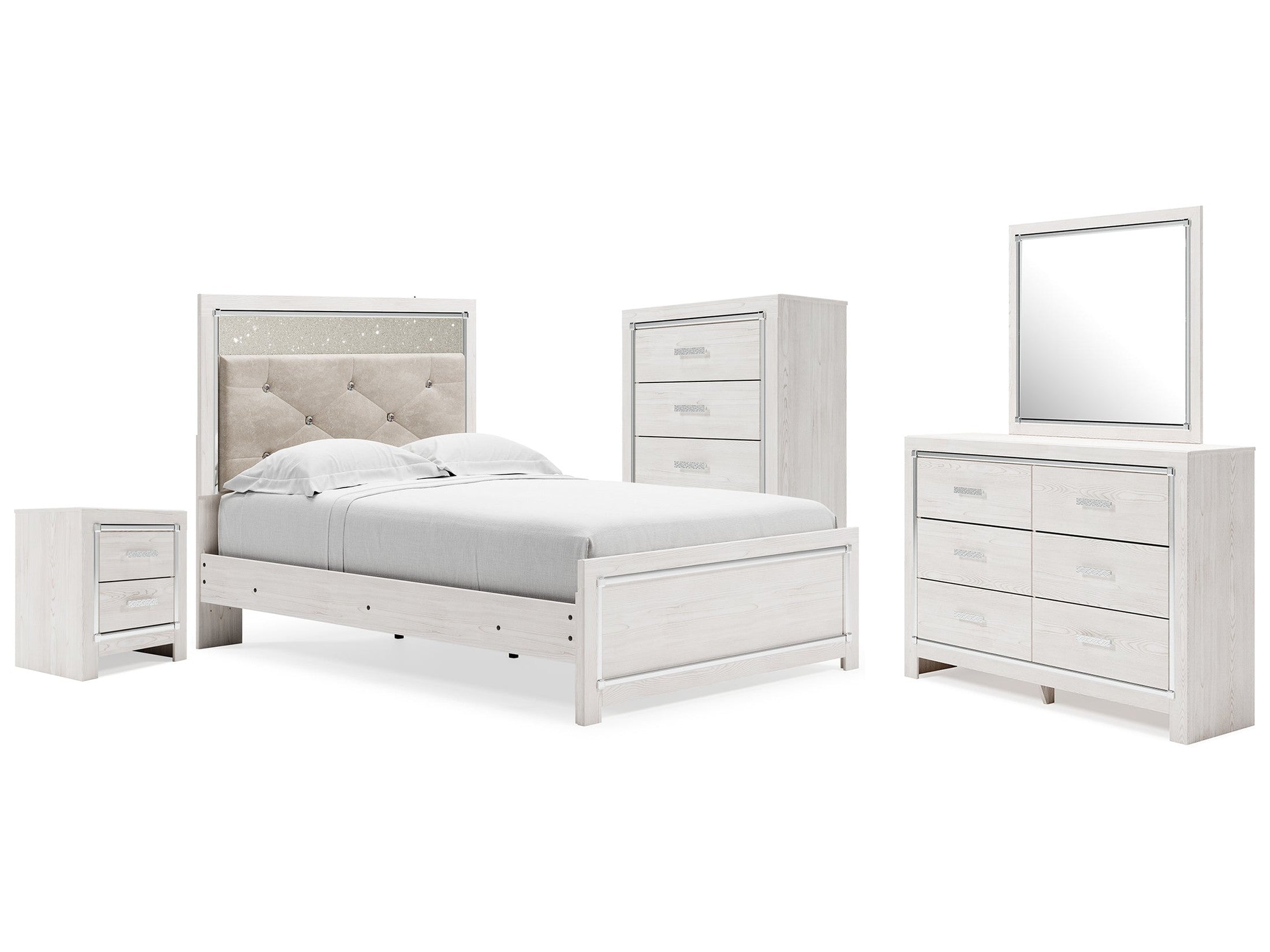 Altyra Full Upholstered Panel Bed, Dresser, Mirror, Chest and Nightstand, White