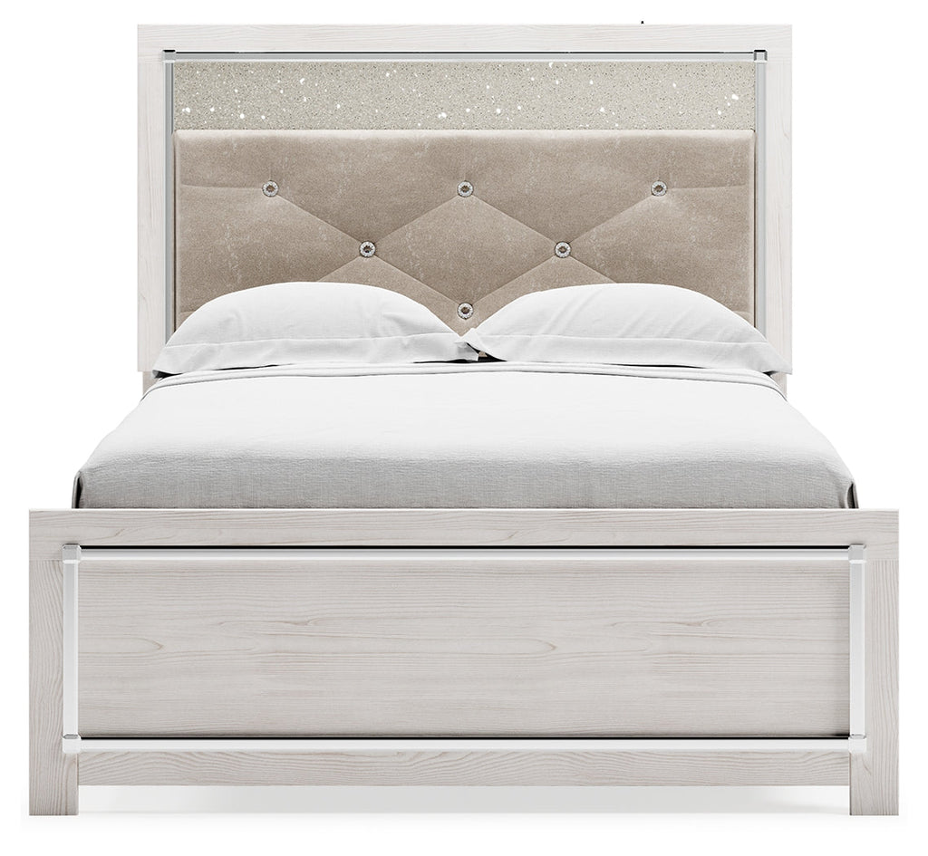 Altyra Full Upholstered Panel Bed, Dresser, Mirror, Chest and Nightstand, White