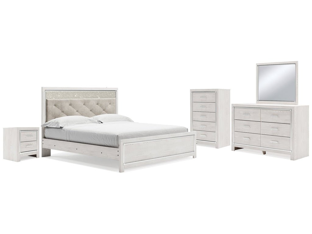 Altyra King Panel Bed, Dresser, Mirror, Chest and Nightstand, White