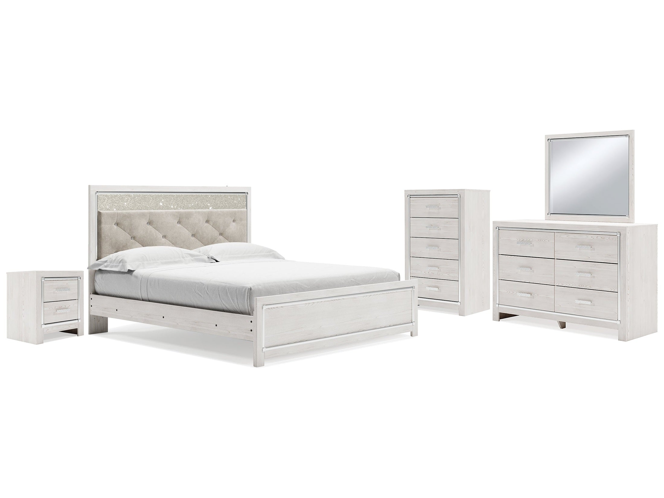 Altyra King Panel Bed, Dresser, Mirror, Chest and Nightstand, White