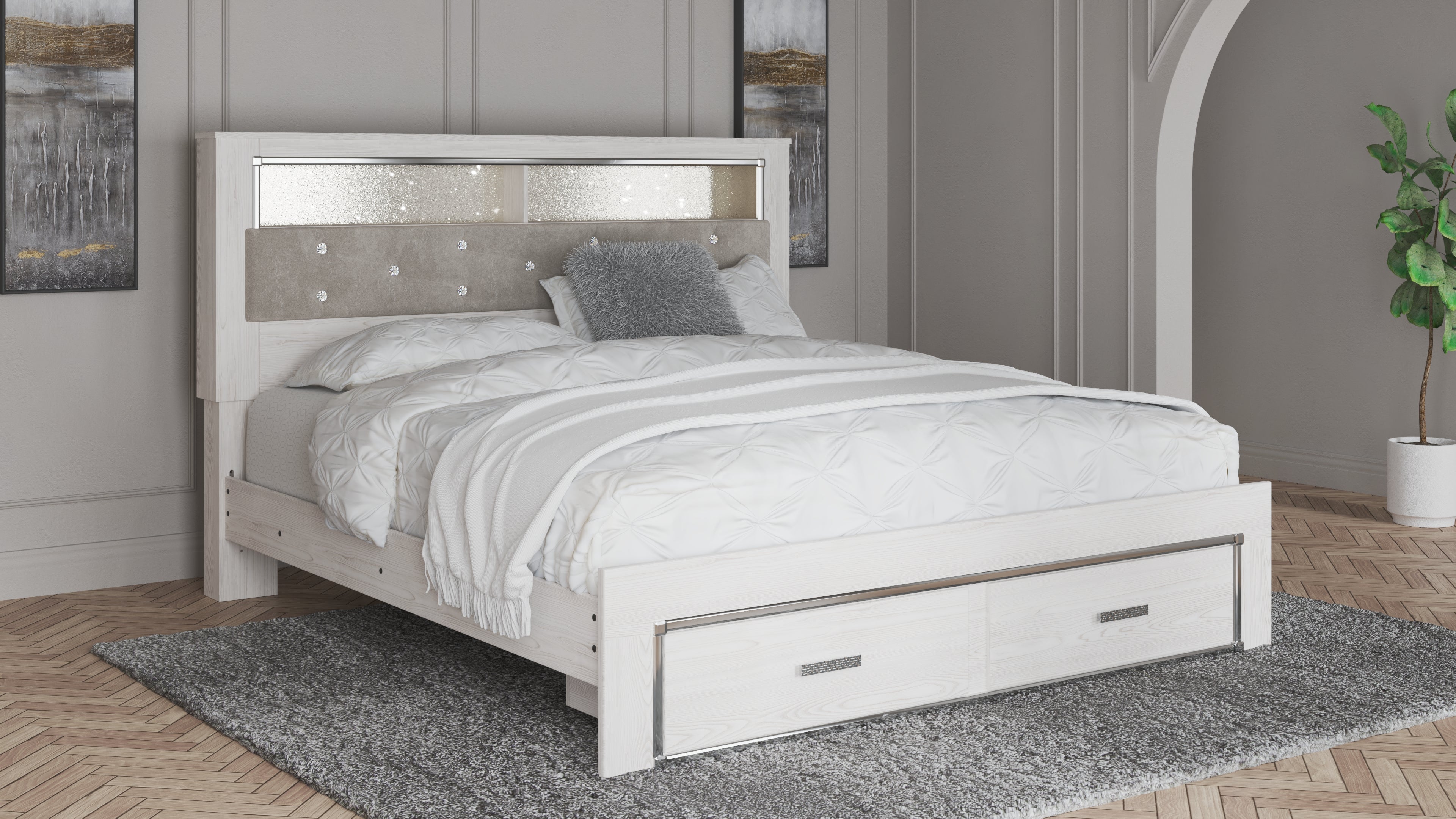 Altyra King Storage Bed, Dresser, Mirror, Chest and Nightstand, White