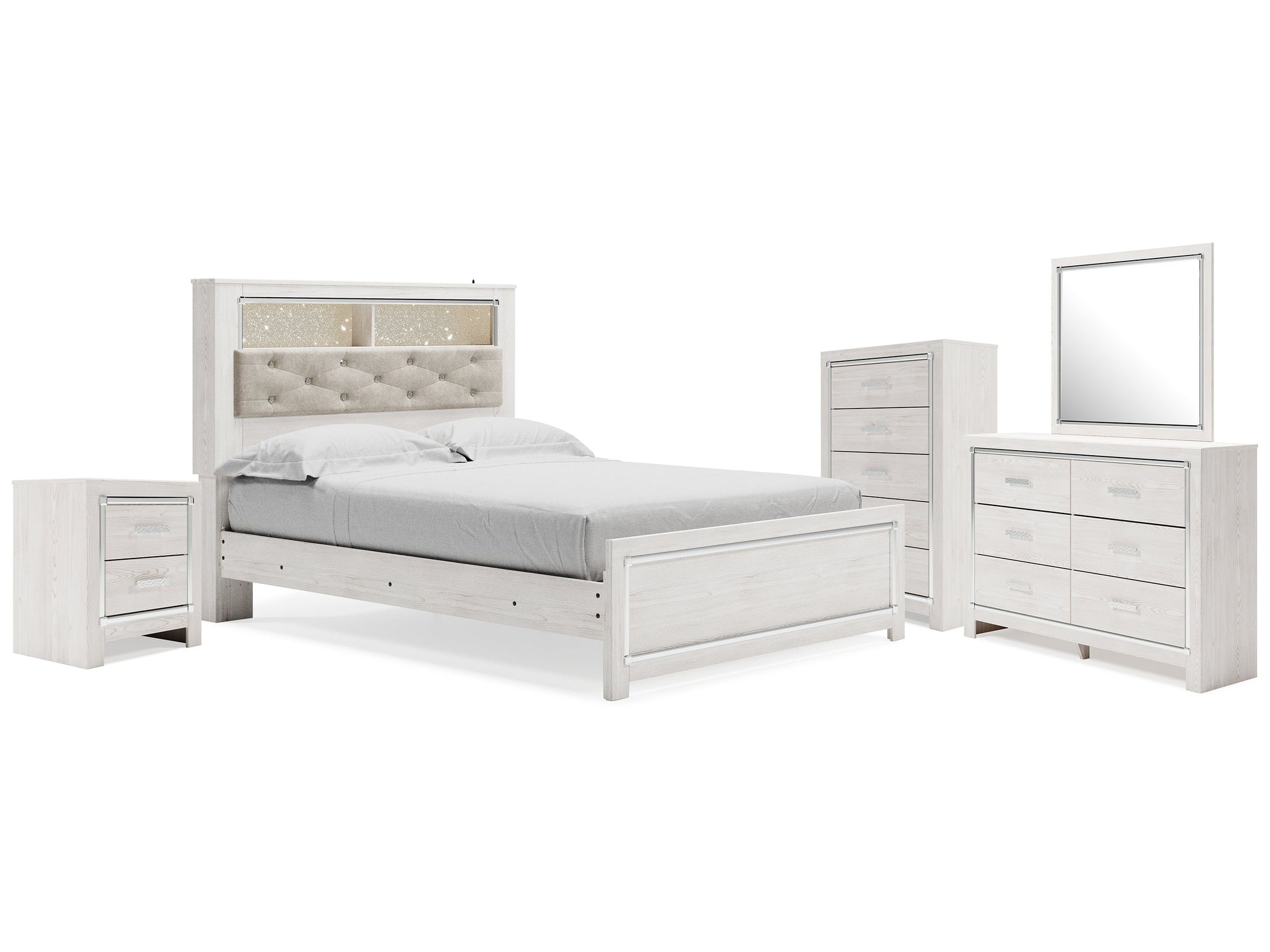 Altyra Queen Bookcase Bed, Dresser, Chest and Nightstand, White