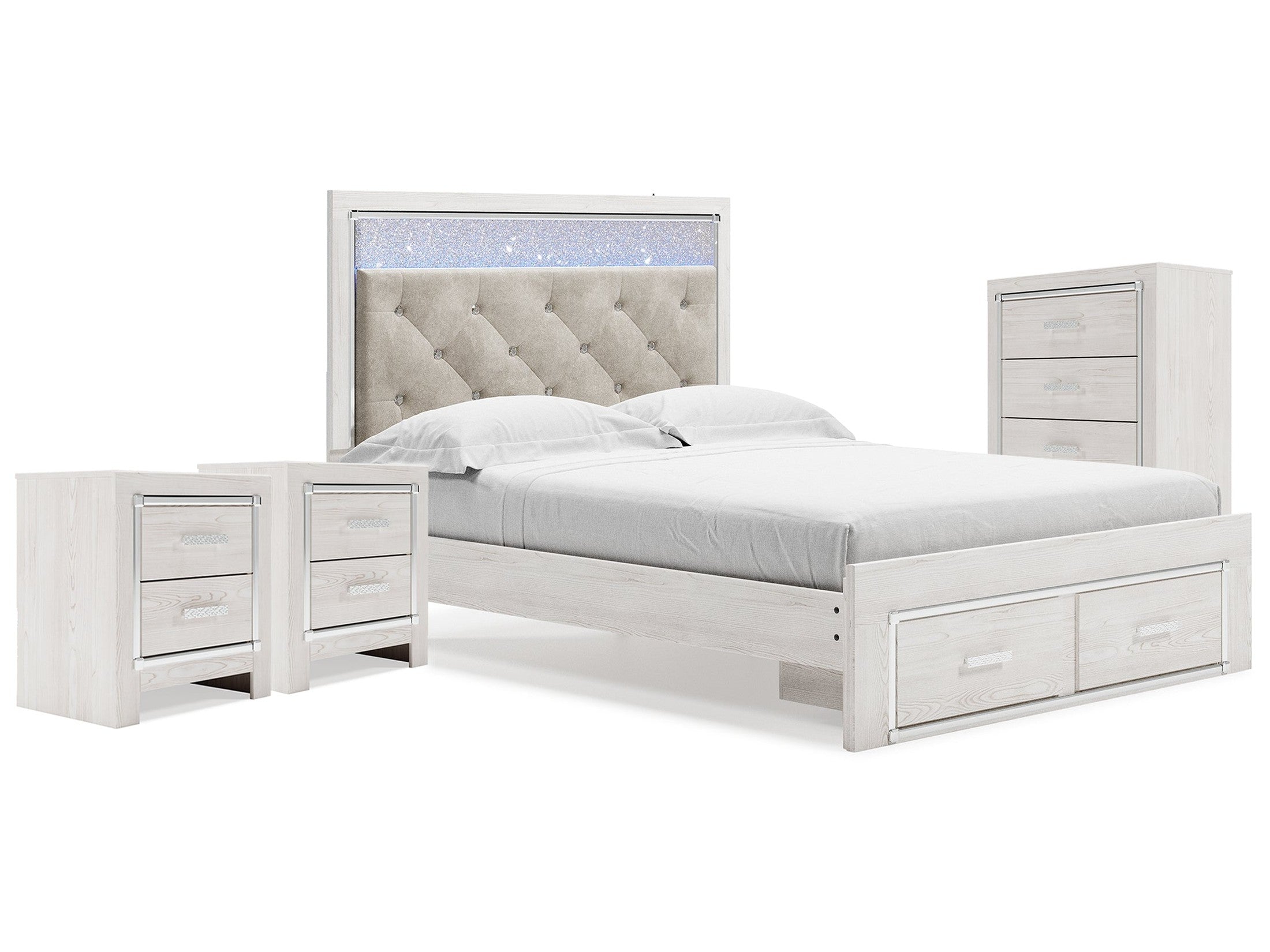 Altyra White Queen Storage Bedroom Set with Chest and 2 Nightstands