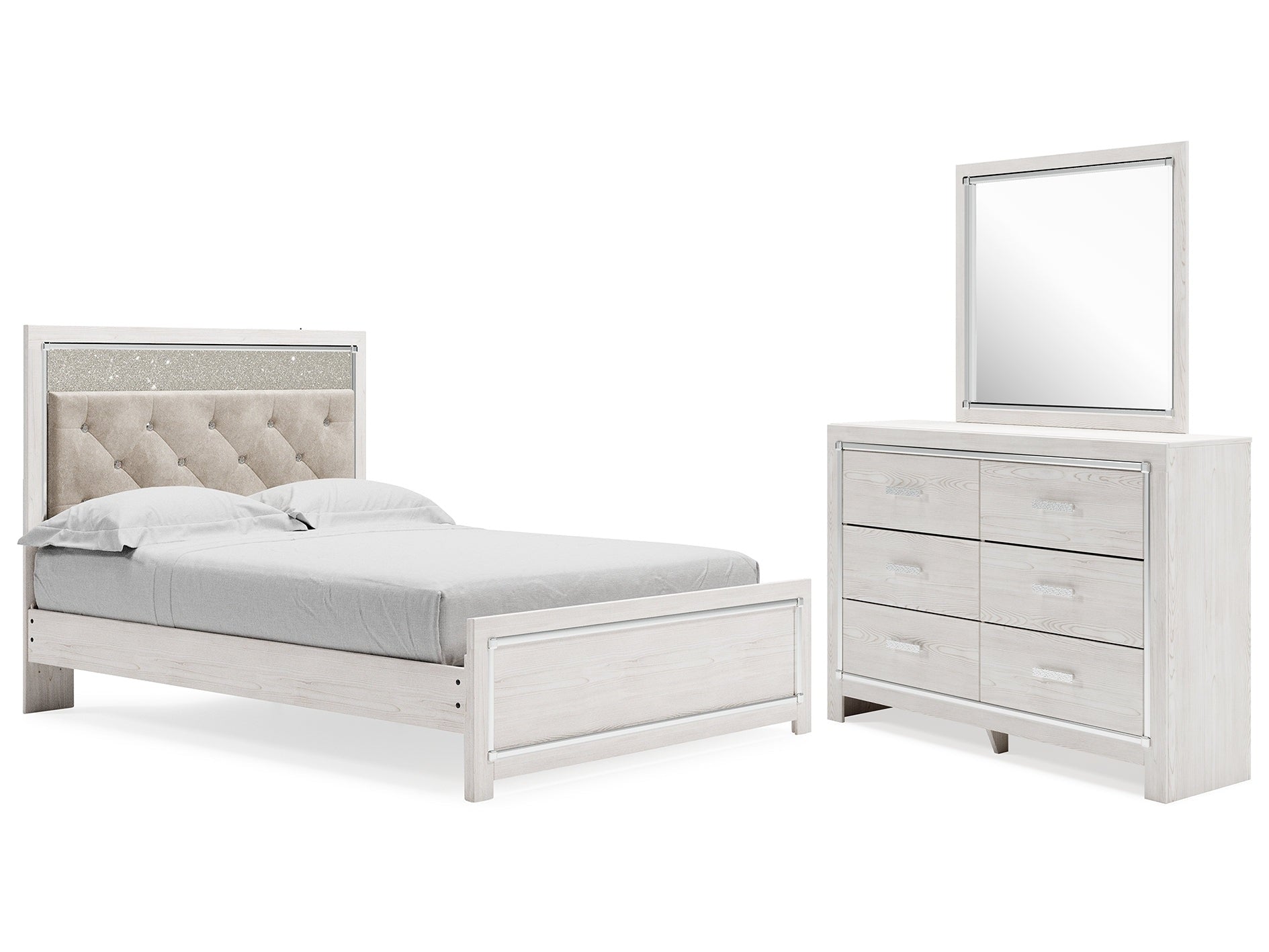 Altyra White Queen Upholstered Panel Bed, Dresser and Mirror