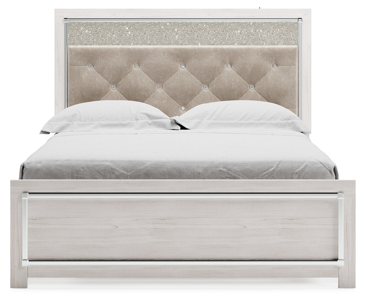 Altyra White Queen Upholstered Panel Bed, Dresser and Mirror