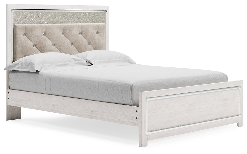 Altyra White Queen Upholstered Panel Bed, Dresser and Mirror
