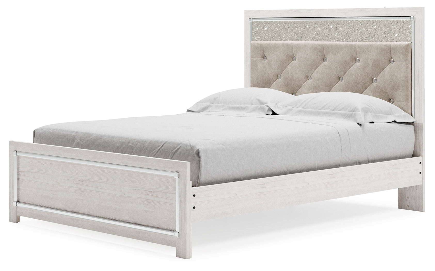 Altyra White Queen Upholstered Panel Bed, Dresser and Mirror