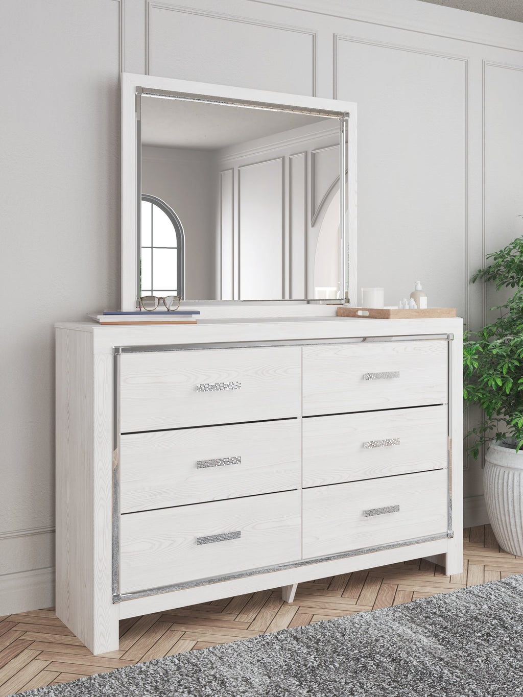 Altyra White Queen Upholstered Panel Bed, Dresser and Mirror