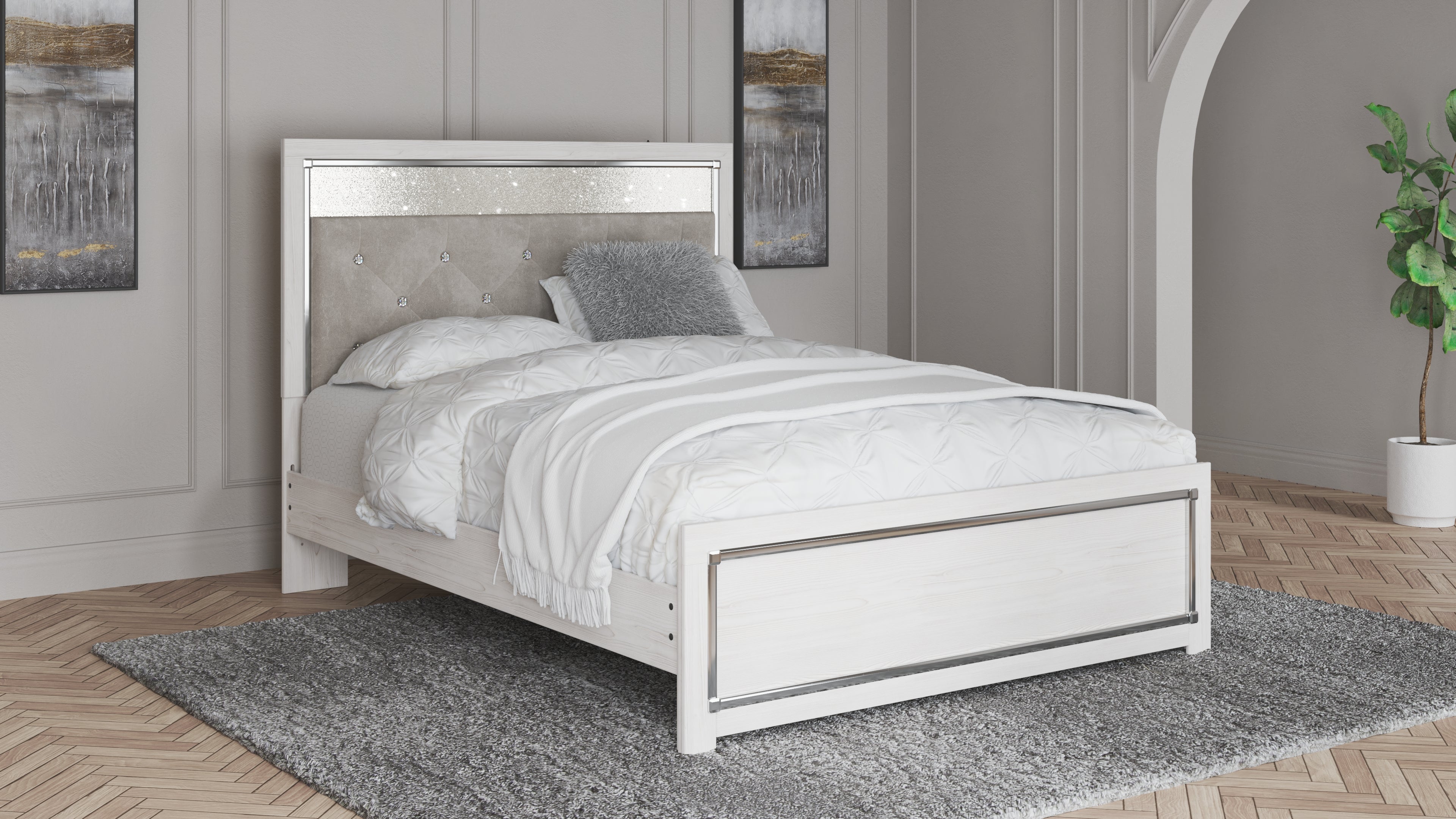 Altyra White Queen Upholstered Panel Bed, Dresser and Mirror