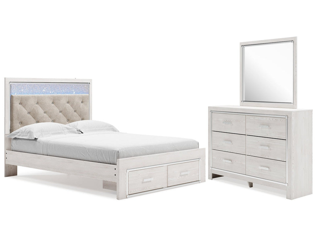 Altyra White Queen Upholstered Panel Storage Bed, Dresser and Mirror