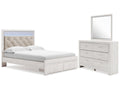 Altyra White Queen Upholstered Panel Storage Bed, Dresser and Mirror