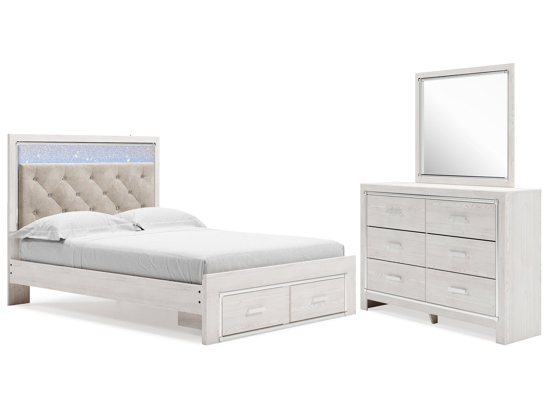 Altyra White Queen Upholstered Panel Storage Bed, Dresser and Mirror
