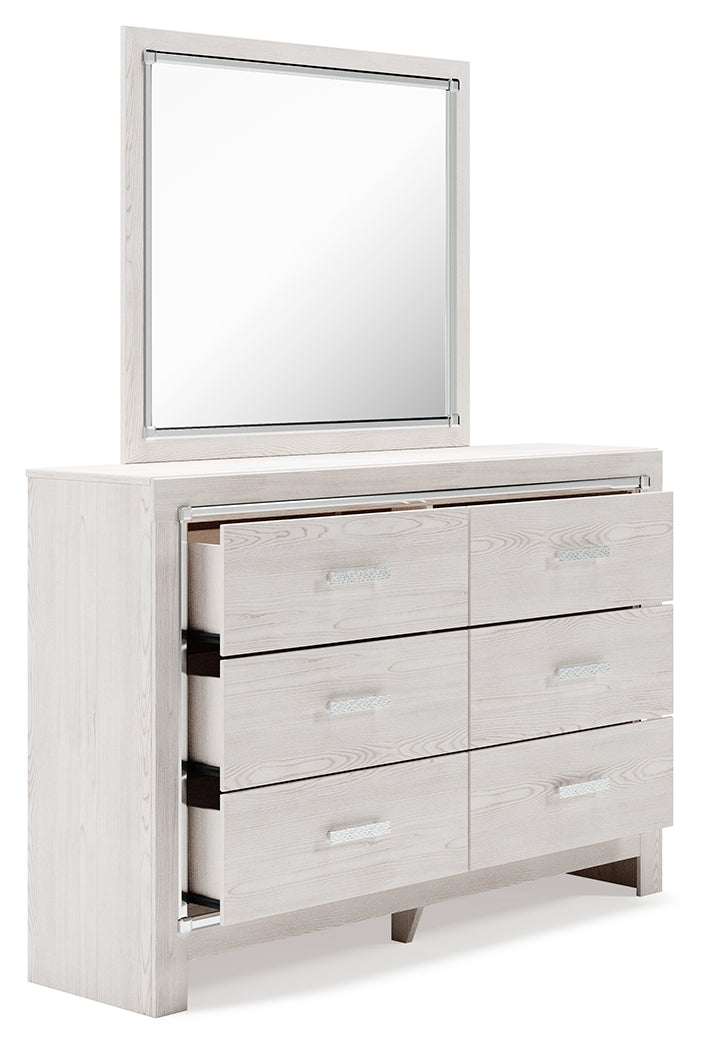 Altyra White Queen Upholstered Panel Storage Bed, Dresser and Mirror