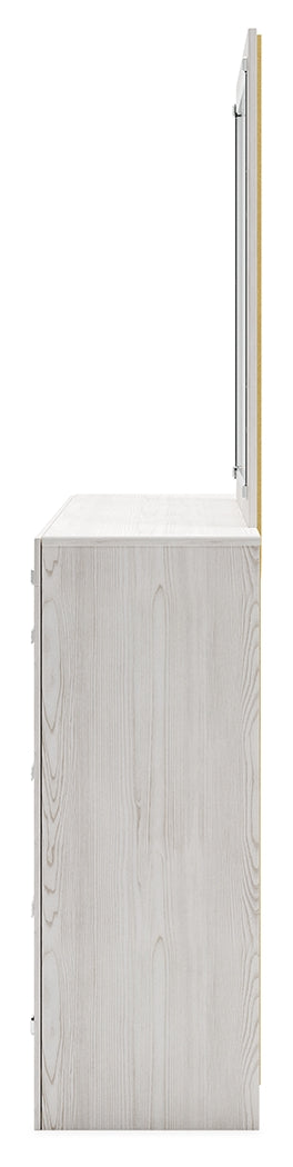Altyra White Queen Upholstered Panel Storage Bed, Dresser and Mirror