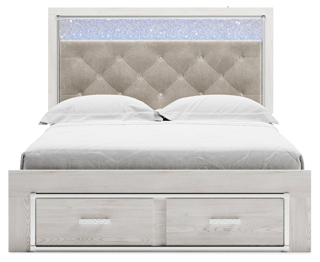 Altyra White Queen Upholstered Panel Storage Bed, Dresser and Mirror