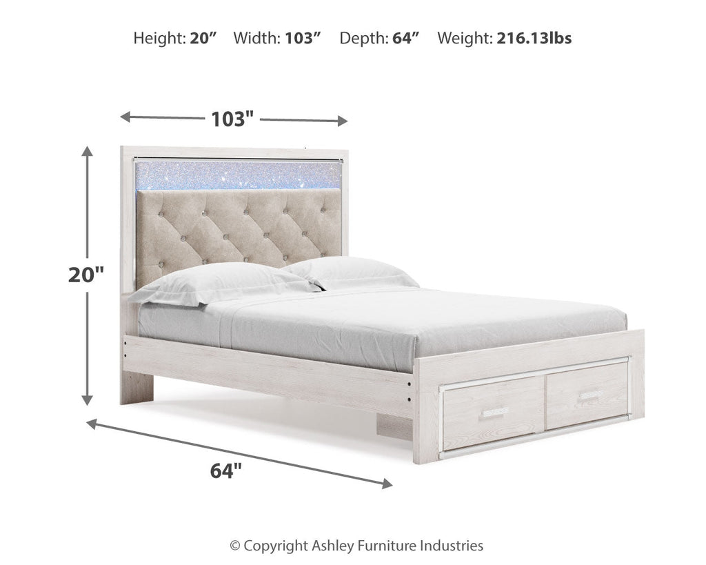Altyra White Queen Upholstered Panel Storage Bed, Dresser and Mirror