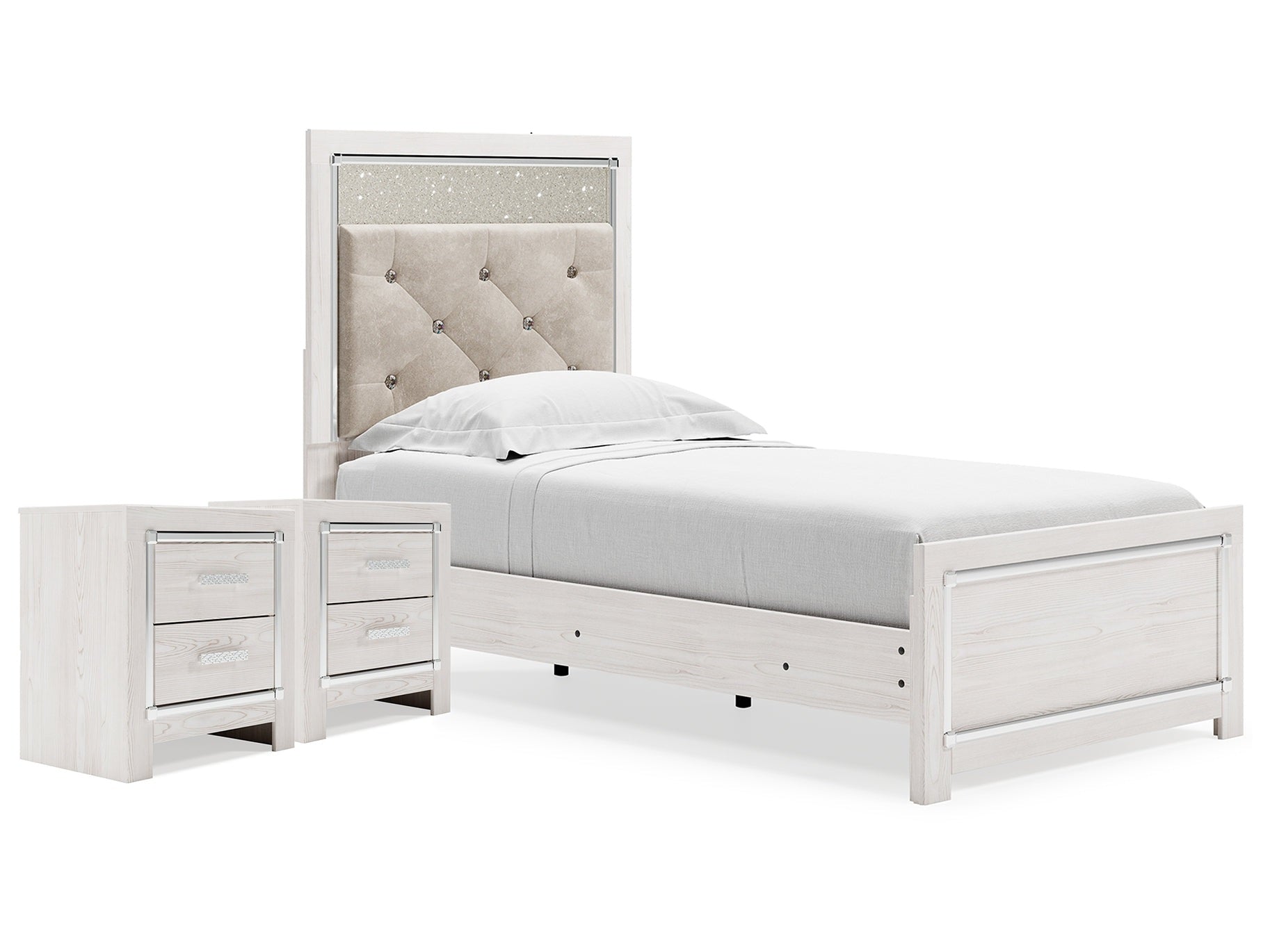 Altyra White Twin Upholstered Panel Bed and 2 Nightstands