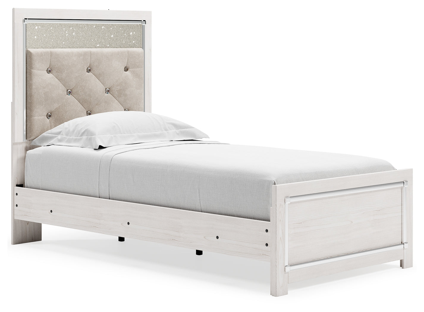 Altyra White Twin Upholstered Panel Bed and 2 Nightstands