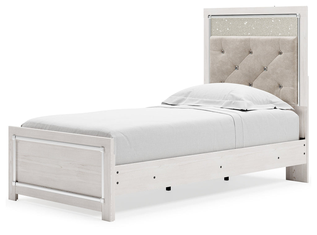 Altyra White Twin Upholstered Panel Bed and 2 Nightstands