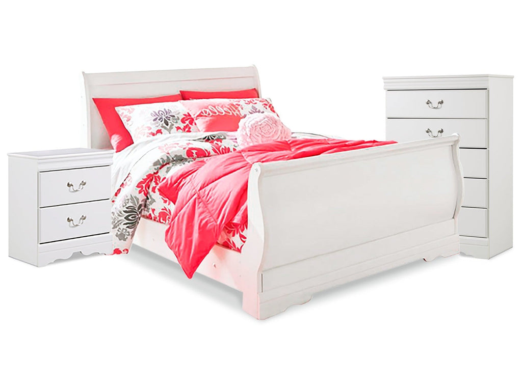 Anarasia White Full Sleigh Bedroom Set with Chest and Nightstand